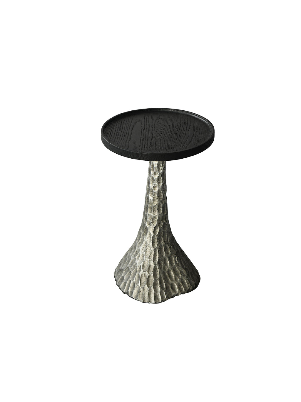 Small round table with black top and textured silver base，VOLCANO sculptural side table with hand-hammered aluminum base and solid oak top, organic textured accent table for modern luxury interiors