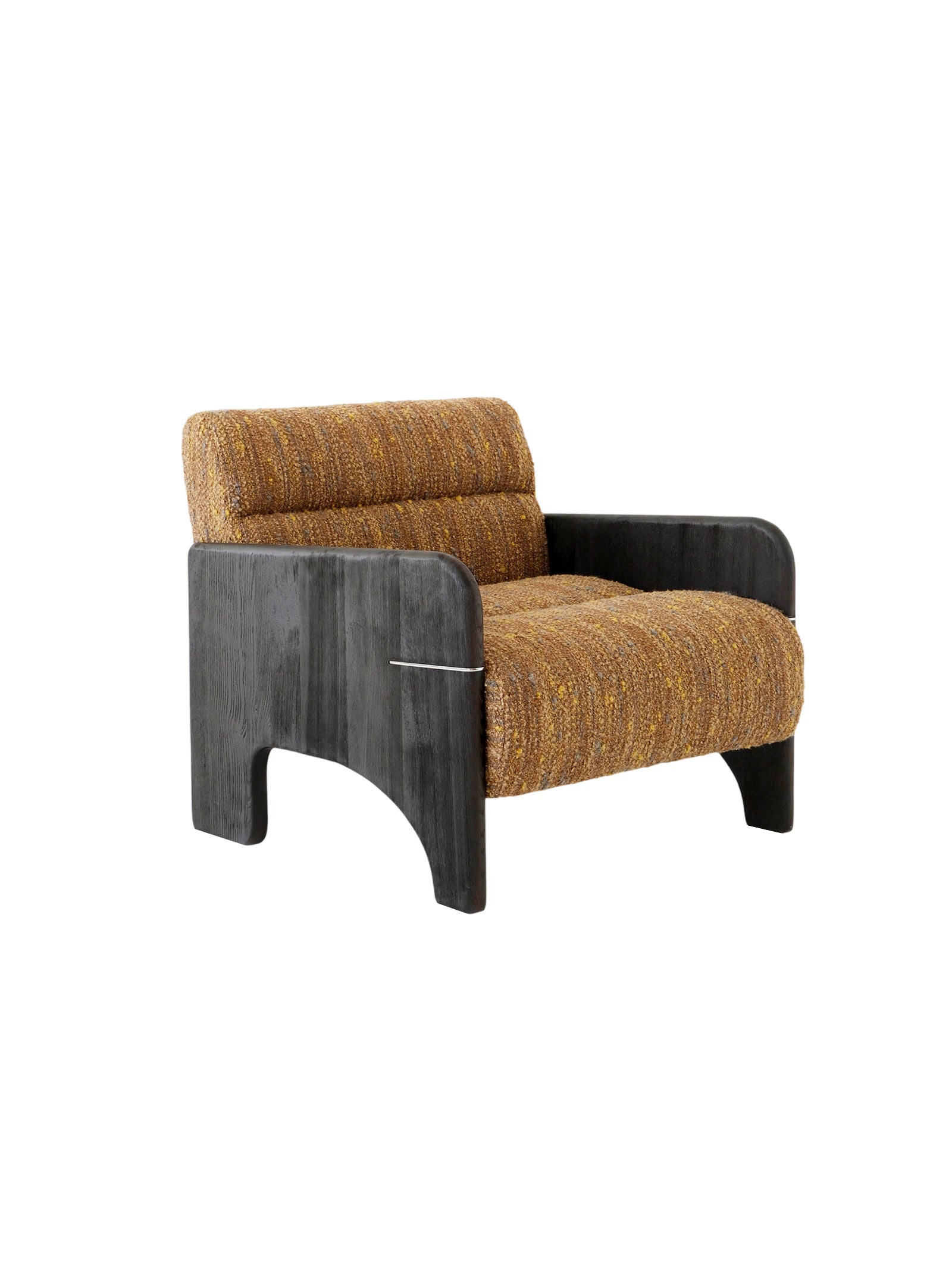 Modern armchair with brown fabric and black wooden frame Wanderer architectural lounge chair with monolithic beech wood frame, textured woven upholstery, and metal accents for modern luxury interiors.Premium quiet luxury lounge chair with rich textured fabric, ideal for contemporary living rooms and boutique hotel relaxation areas.