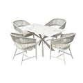 White sand finish outdoor dining set with 1 rectangular marble-effect glass table and 4 woven rope chairs, premium luxury patio furniture for villas and restaurants.