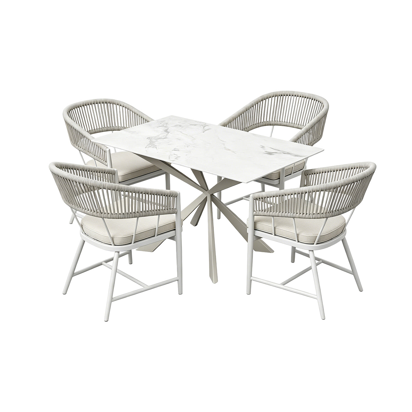 White sand finish outdoor dining set with 1 rectangular marble-effect glass table and 4 woven rope chairs, premium luxury patio furniture for villas and restaurants.