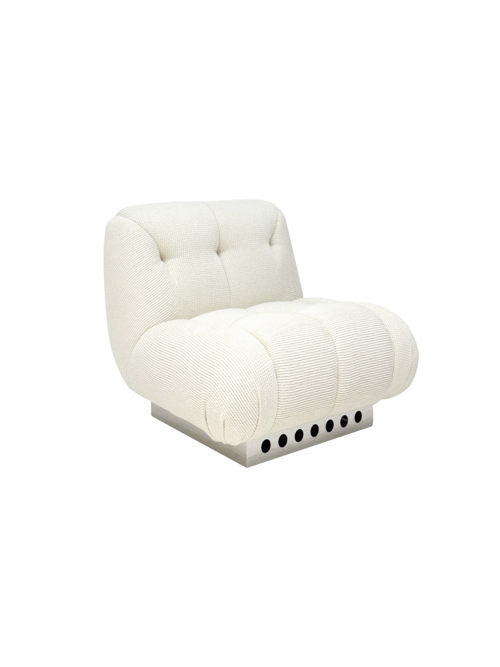 White tufted chair with button details hell Cove tufted lounge chair with cloud-inspired silhouette, textured woven upholstery, and polished stainless steel base for modern luxury interiors.
