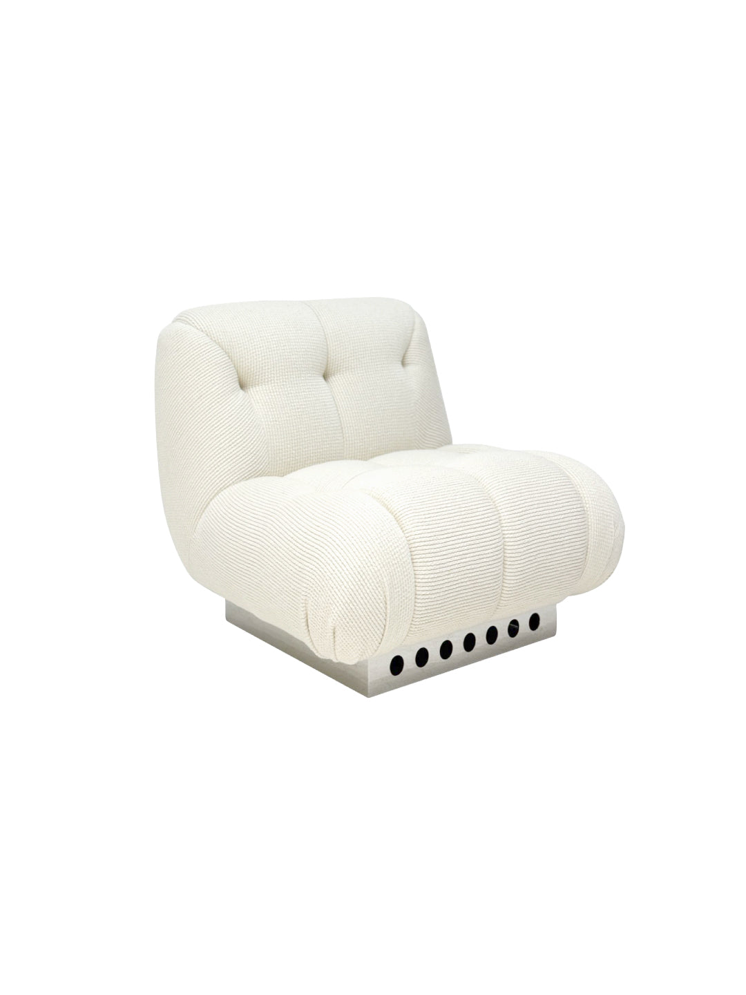 White tufted chair with button details hell Cove tufted lounge chair with cloud-inspired silhouette, textured woven upholstery, and polished stainless steel base for modern luxury interiors.
