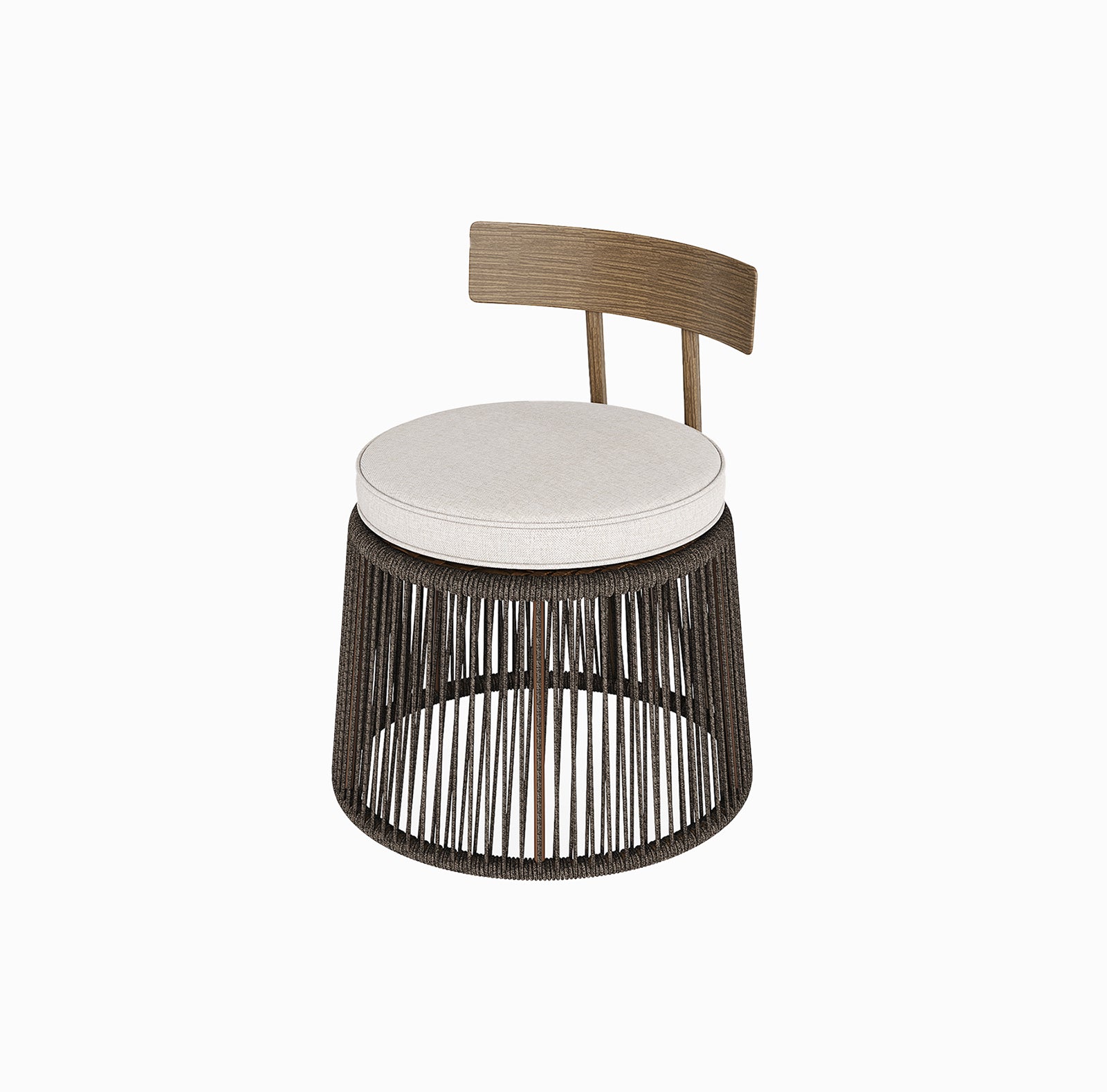 Zen Garden outdoor dining chair with organic modern design, woven PE rattan, aluminum frame, and black walnut-inspired wood backrest for modern luxury outdoor spaces.Premium quiet luxury outdoor dining chair with weather-resistant construction, ideal for contemporary patios, balconies, and boutique hotel outdoor dining areas.
